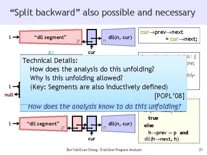 “Split backward” also possible and necessary l “dll segment” p n dll(n, cur) cur!prev!next