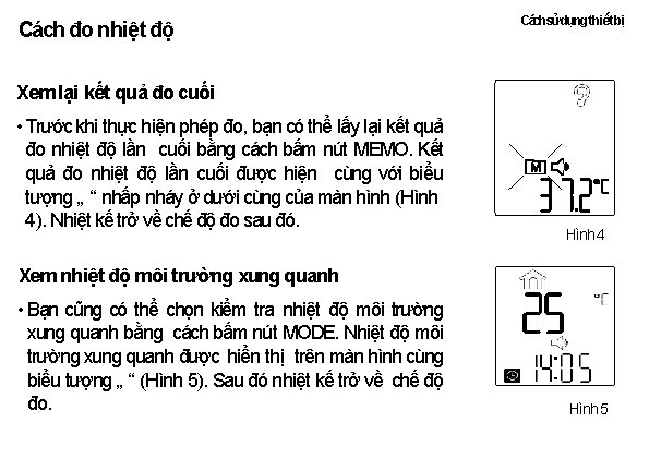 Cách đo nhiệt độ Cáchsửdụng thiết bị Xem lại kết quả đo cuối •