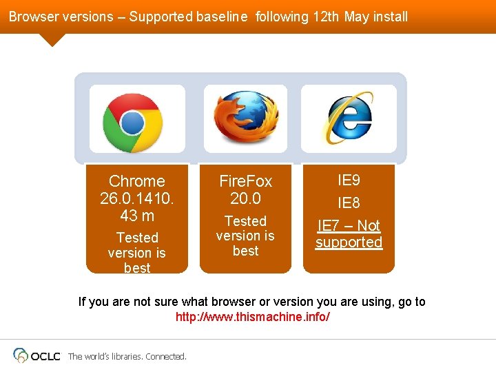 Browser versions – Supported baseline following 12 th May install Chrome 26. 0. 1410.