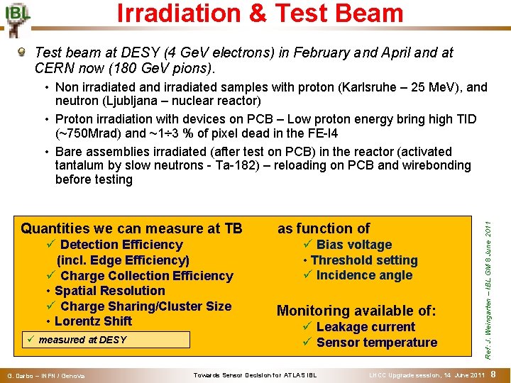 Irradiation & Test Beam Test beam at DESY (4 Ge. V electrons) in February