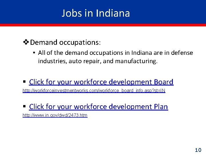 Jobs in Indiana v. Demand occupations: • All of the demand occupations in Indiana