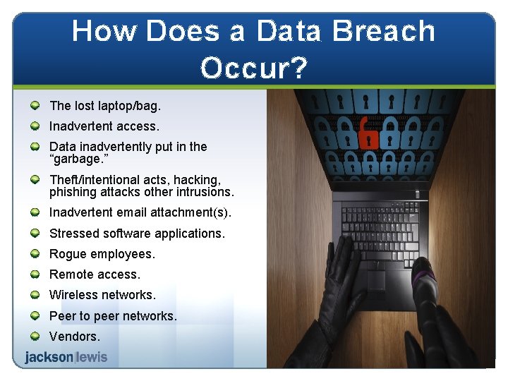 How Does a Data Breach Occur? The lost laptop/bag. Inadvertent access. Data inadvertently put