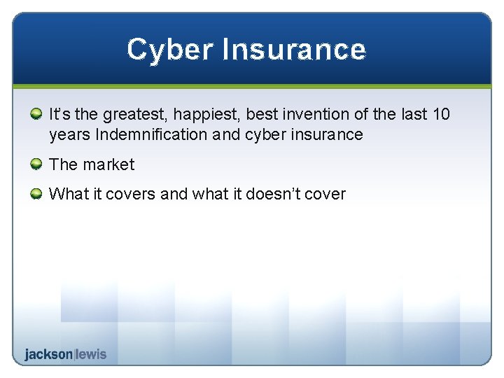 Cyber Insurance It’s the greatest, happiest, best invention of the last 10 years Indemnification