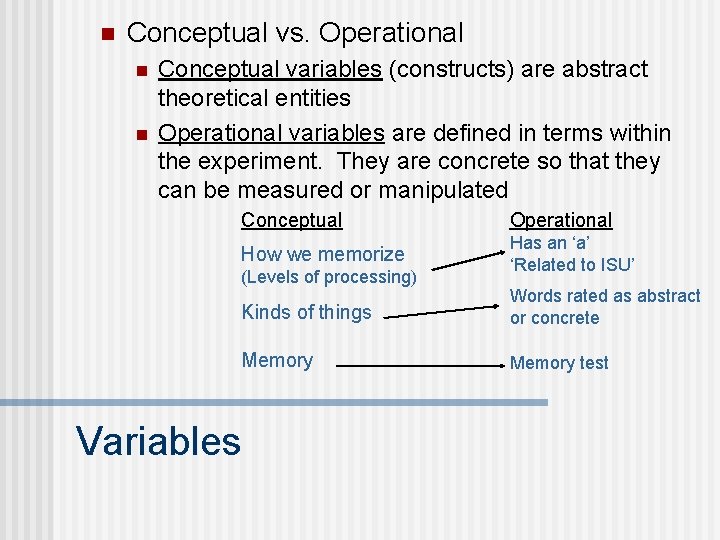 n Conceptual vs. Operational n n Conceptual variables (constructs) are abstract theoretical entities Operational