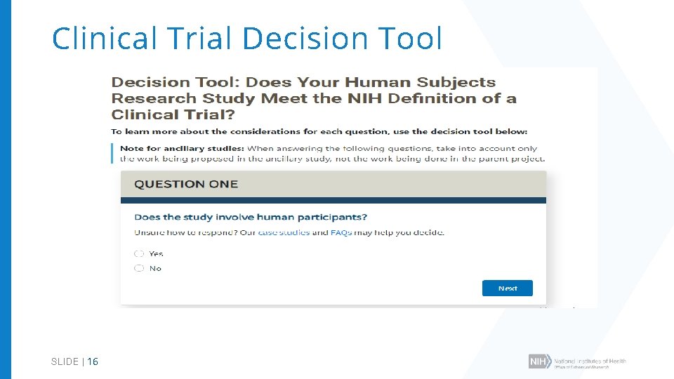Clinical Trial Decision Tool SLIDE | 16 