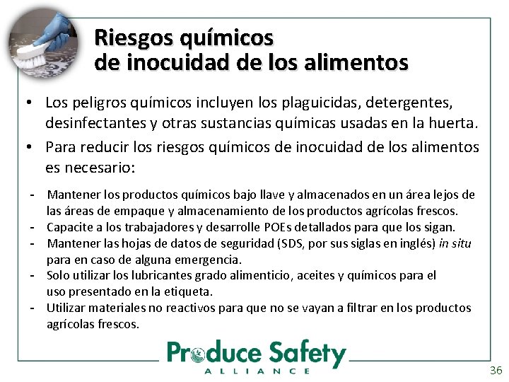 Riesgos químicos de inocuidad de los alimentos • Los peligros químicos incluyen los plaguicidas,