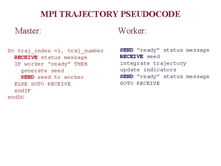 MPI TRAJECTORY PSEUDOCODE Master: DO traj_index =1, traj_number RECEIVE status message IF worker “ready”