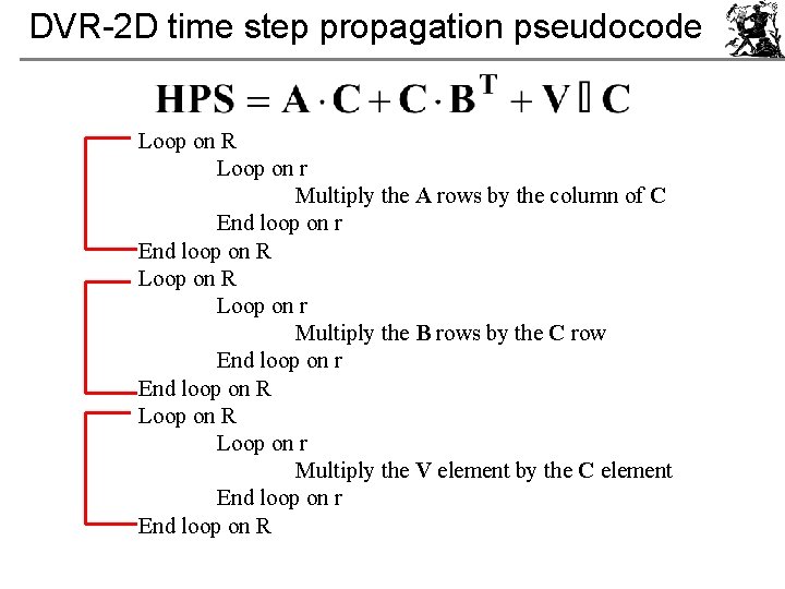 DVR-2 D time step propagation pseudocode Loop on R Loop on r Multiply the