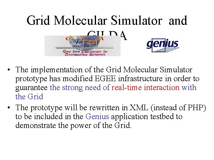 Grid Molecular Simulator and GILDA • The implementation of the Grid Molecular Simulator prototype