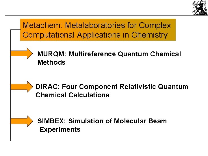 Metachem: Metalaboratories for Complex Computational Applications in Chemistry MURQM: Multireference Quantum Chemical Methods DIRAC: