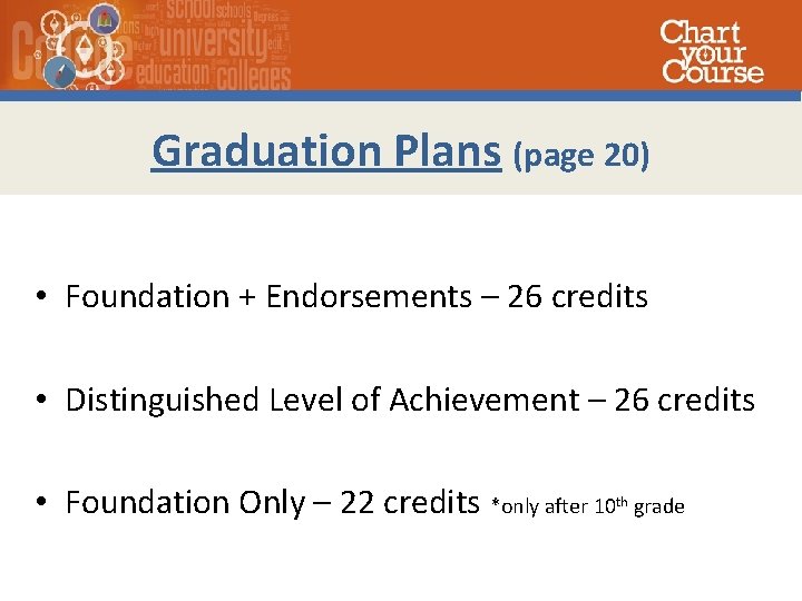 Graduation Plans (page 20) • Foundation + Endorsements – 26 credits • Distinguished Level
