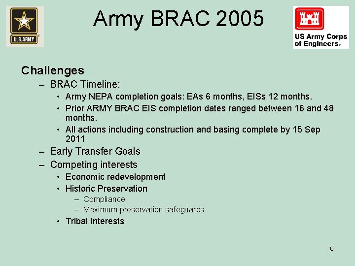 Army BRAC 2005 Challenges – BRAC Timeline: • Army NEPA completion goals: EAs 6