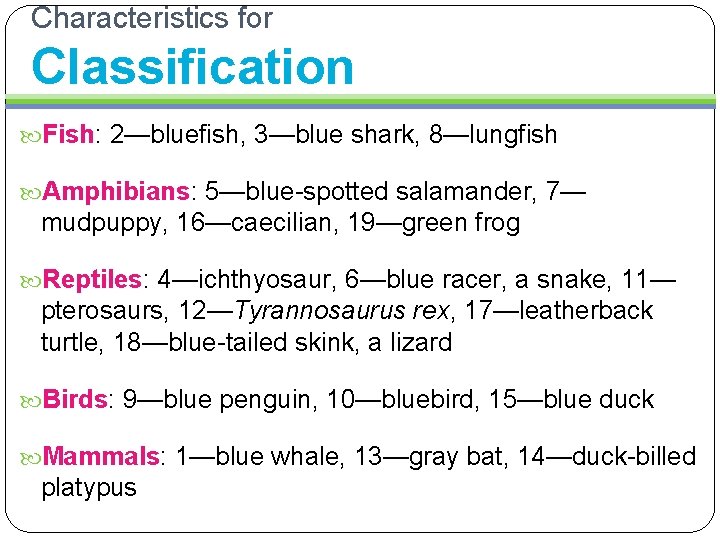 Characteristics for Classification Fish: 2—bluefish, 3—blue shark, 8—lungfish Amphibians: 5—blue-spotted salamander, 7— mudpuppy, 16—caecilian,
