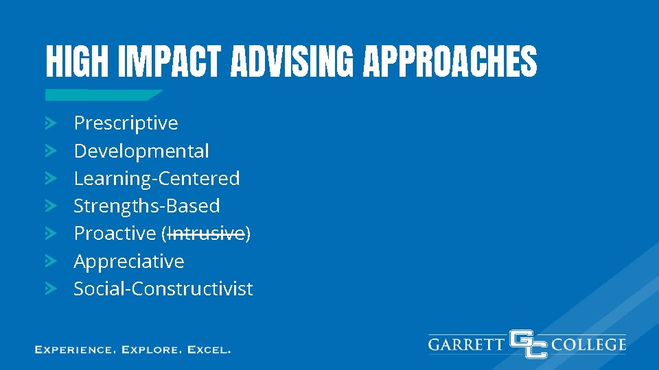 HIGH IMPACT ADVISING APPROACHES Prescriptive Developmental Learning-Centered Strengths-Based Proactive (Intrusive) Appreciative Social-Constructivist 