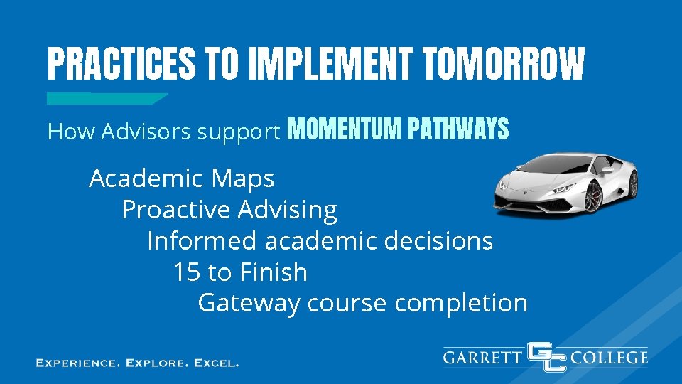 PRACTICES TO IMPLEMENT TOMORROW How Advisors support MOMENTUM PATHWAYS Academic Maps Proactive Advising Informed