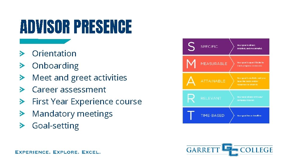 ADVISOR PRESENCE Orientation Onboarding Meet and greet activities Career assessment First Year Experience course