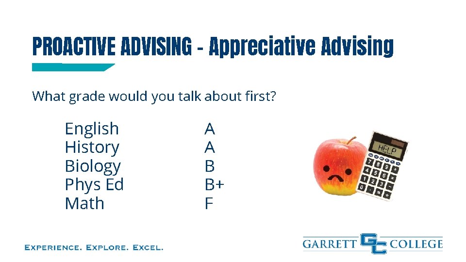 PROACTIVE ADVISING - Appreciative Advising What grade would you talk about first? English History