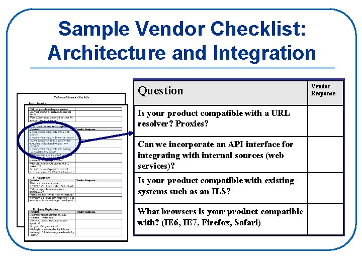 Sample Vendor Checklist: Architecture and Integration Question Is your product compatible with a URL