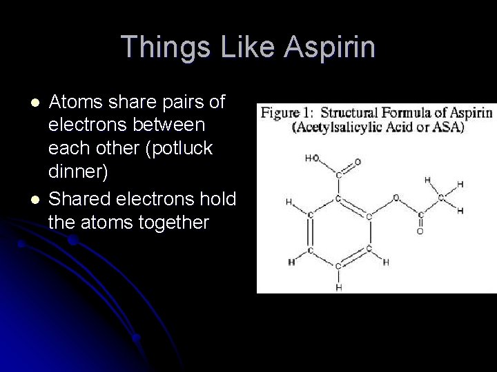 Things Like Aspirin l l Atoms share pairs of electrons between each other (potluck