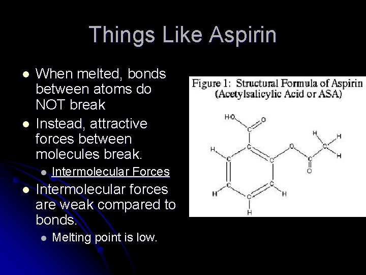Things Like Aspirin l l When melted, bonds between atoms do NOT break Instead,