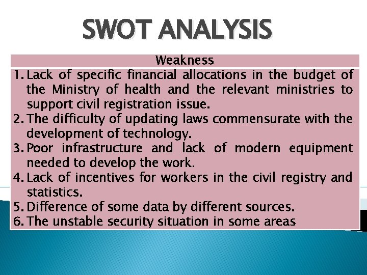 SWOT ANALYSIS Weakness 1. Lack of specific financial allocations in the budget of the
