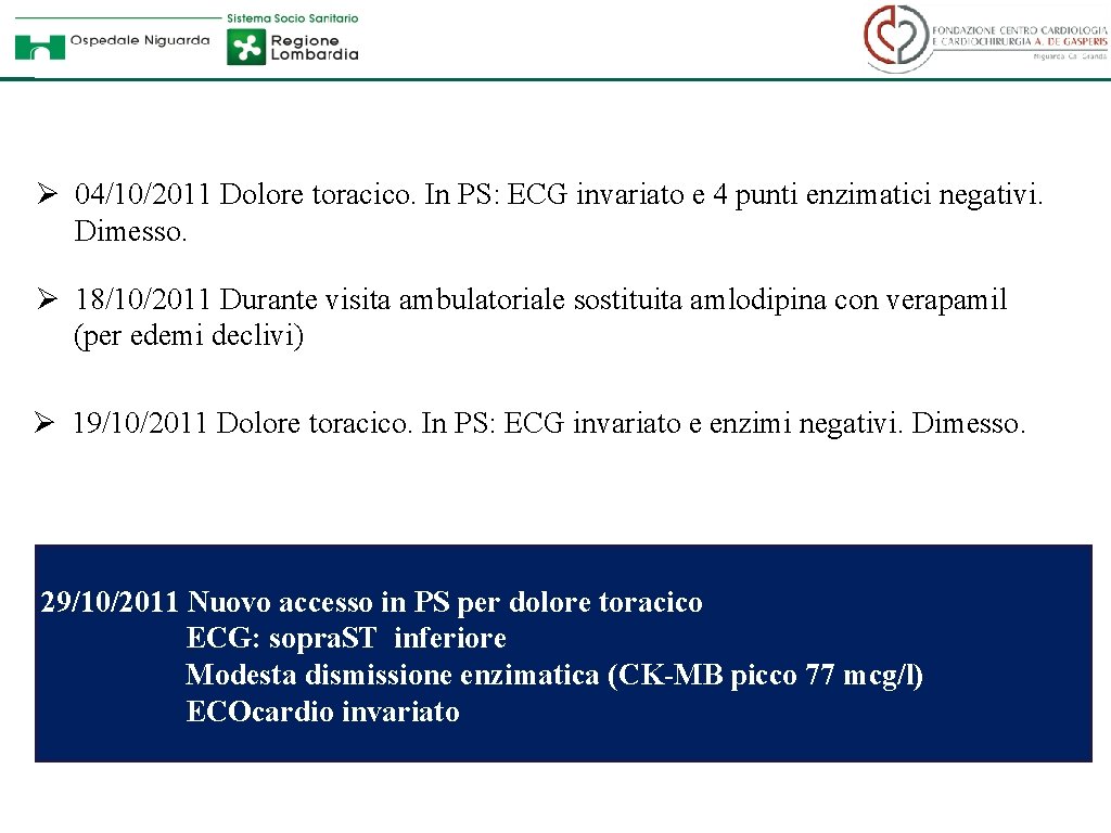 Ø 04/10/2011 Dolore toracico. In PS: ECG invariato e 4 punti enzimatici negativi. Dimesso.