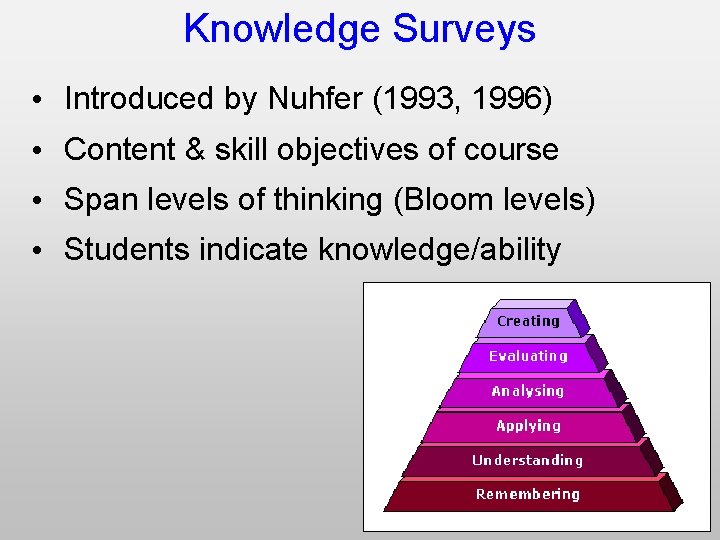 Knowledge Surveys • Introduced by Nuhfer (1993, 1996) • Content & skill objectives of