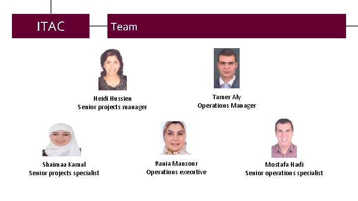 ITAC Team Heidi Hussien Senior projects manager Shaimaa Kamal Senior projects specialist Tamer Aly