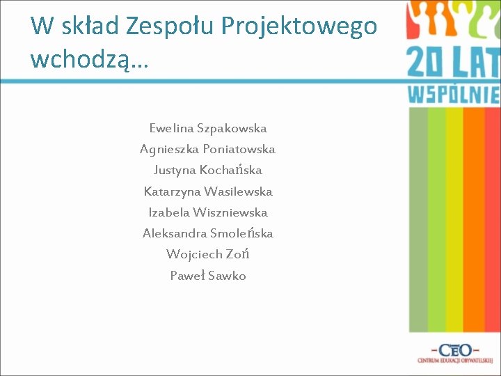 W skład Zespołu Projektowego wchodzą… Ewelina Szpakowska Agnieszka Poniatowska Justyna Kochańska Katarzyna Wasilewska Izabela