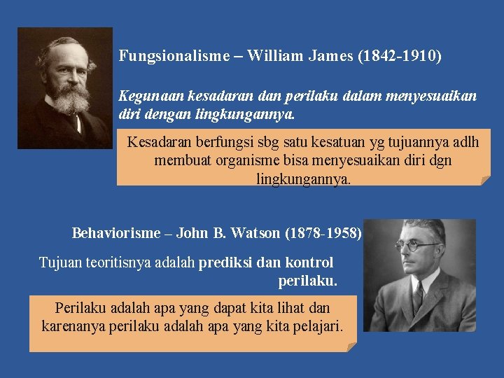 Fungsionalisme – William James (1842 -1910) Kegunaan kesadaran dan perilaku dalam menyesuaikan diri dengan