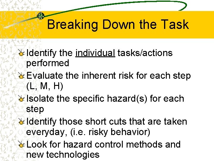 Breaking Down the Task Identify the individual tasks/actions performed Evaluate the inherent risk for
