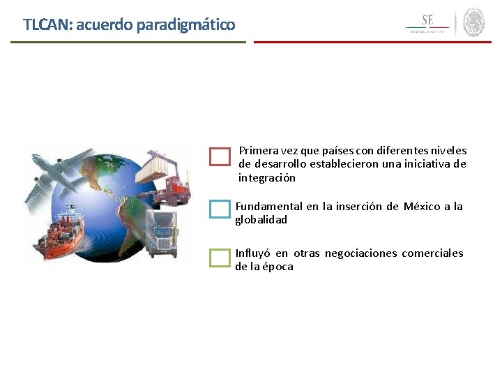 TLCAN: acuerdo paradigmático 13 Primera vez que países con diferentes niveles de desarrollo establecieron