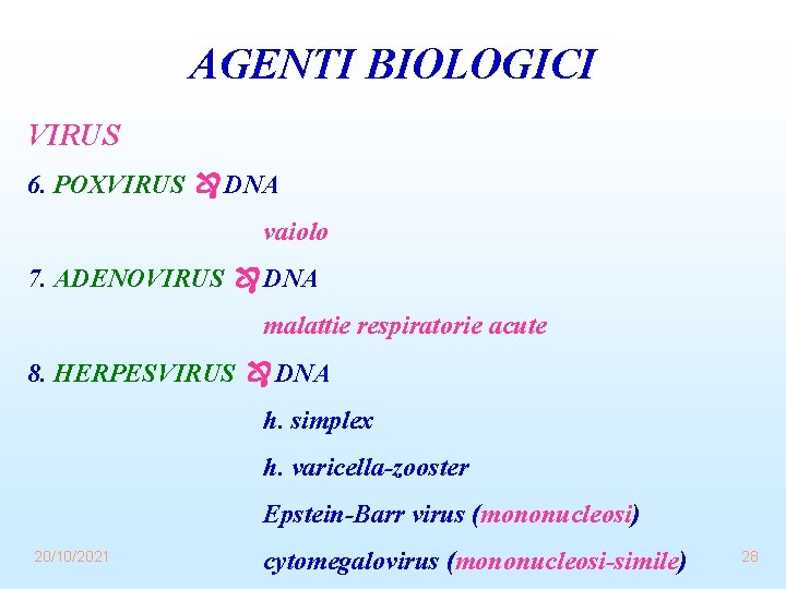 AGENTI BIOLOGICI VIRUS 6. POXVIRUS DNA vaiolo 7. ADENOVIRUS DNA malattie respiratorie acute 8.