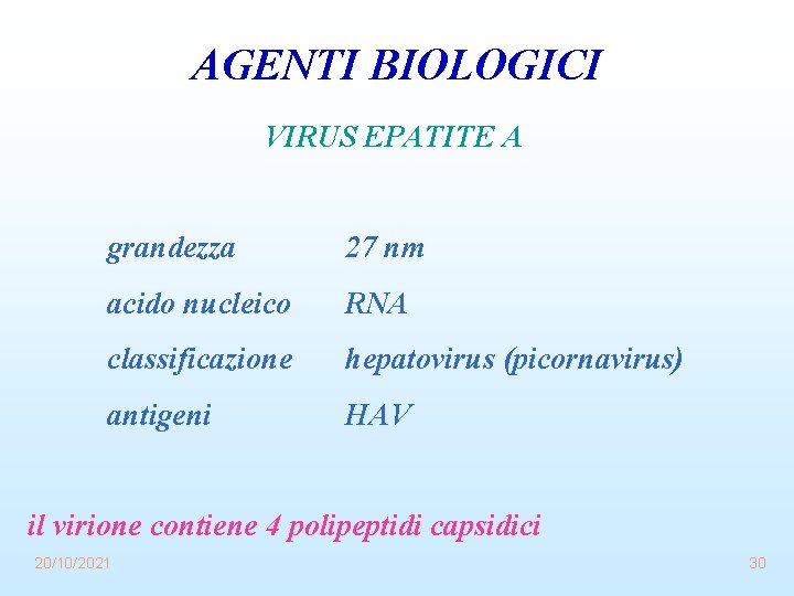 AGENTI BIOLOGICI VIRUS EPATITE A grandezza 27 nm acido nucleico RNA classificazione hepatovirus (picornavirus)