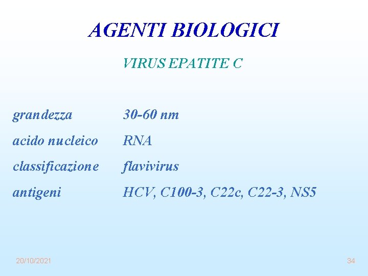 AGENTI BIOLOGICI VIRUS EPATITE C grandezza 30 -60 nm acido nucleico RNA classificazione flavivirus