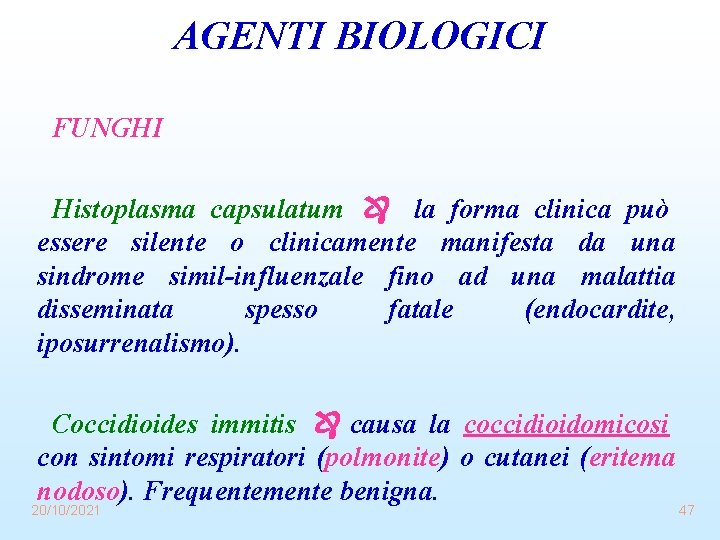 AGENTI BIOLOGICI FUNGHI Histoplasma capsulatum la forma clinica può essere silente o clinicamente manifesta