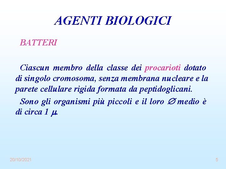 AGENTI BIOLOGICI BATTERI Ciascun membro della classe dei procarioti dotato di singolo cromosoma, senza