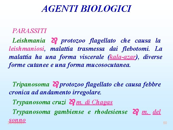 AGENTI BIOLOGICI PARASSITI Leishmania protozoo flagellato che causa la leishmaniosi, malattia trasmessa dai flebotomi.