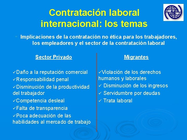 Contratación laboral internacional: los temas Implicaciones de la contratación no ética para los trabajadores,