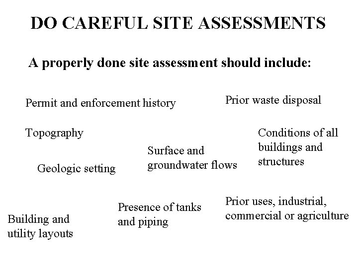 DO CAREFUL SITE ASSESSMENTS A properly done site assessment should include: Permit and enforcement