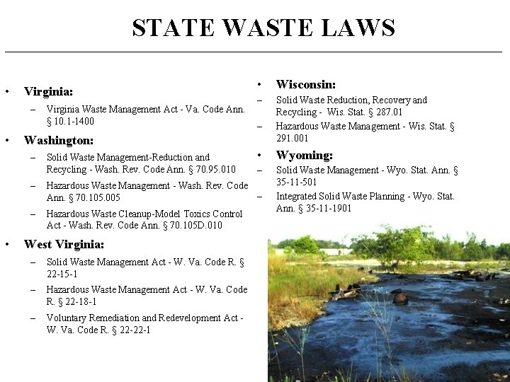 STATE WASTE LAWS ___________________________________________________________ • Virginia: – • Wisconsin: – Solid Waste Reduction, Recovery