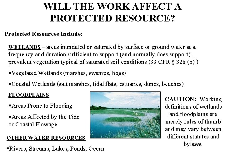 WILL THE WORK AFFECT A PROTECTED RESOURCE? Protected Resources Include: WETLANDS = areas inundated