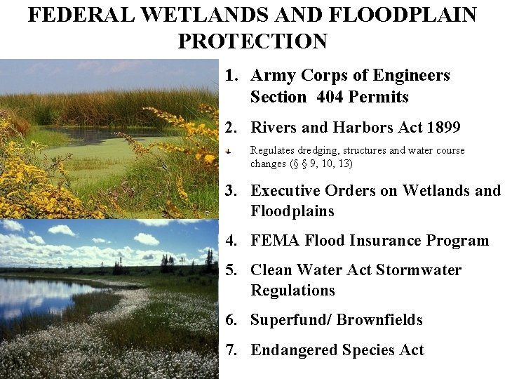 FEDERAL WETLANDS AND FLOODPLAIN PROTECTION 1. Army Corps of Engineers Section 404 Permits 2.