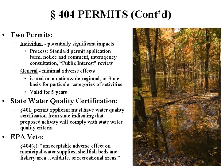 § 404 PERMITS (Cont’d) • Two Permits: – Individual - potentially significant impacts •