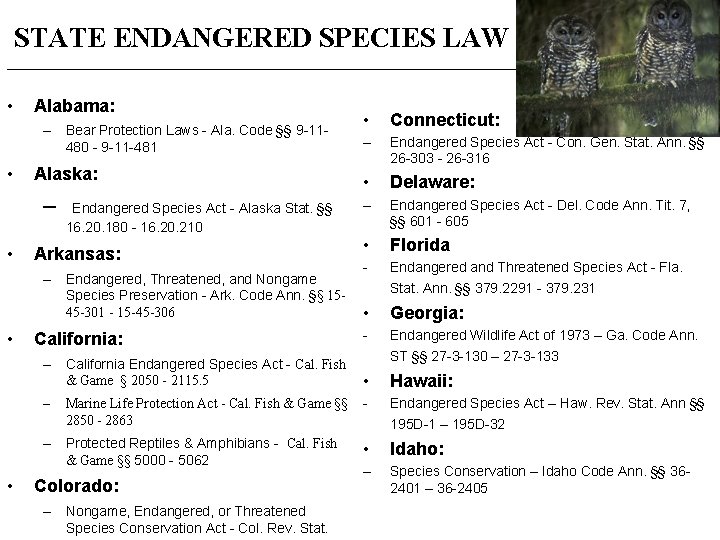 STATE ENDANGERED SPECIES LAW _____________________________________ • Alabama: • Connecticut: – Endangered Species Act -