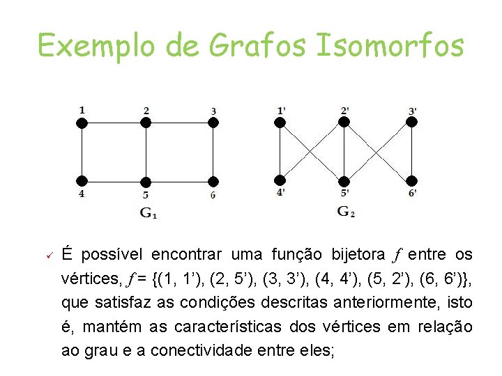 Exemplo de Grafos Isomorfos É possível encontrar uma função bijetora f entre os vértices,