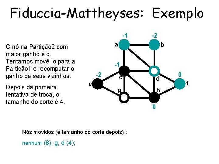 Fiduccia-Mattheyses: Exemplo -1 a O nó na Partição 2 com maior ganho é d.