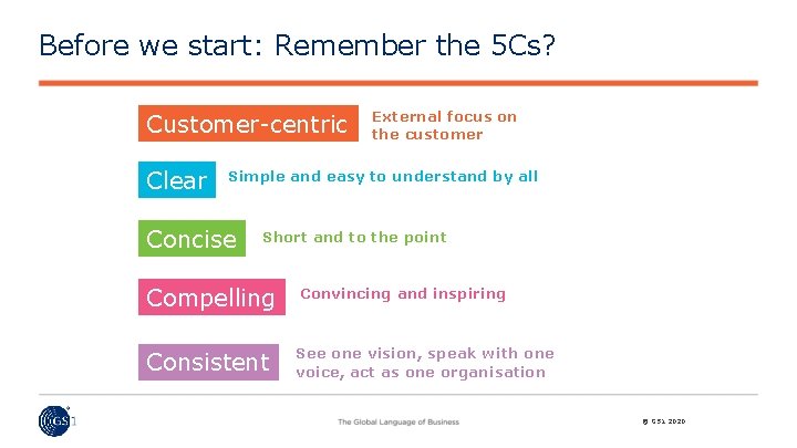 Before we start: Remember the 5 Cs? Customer-centric Clear External focus on the customer