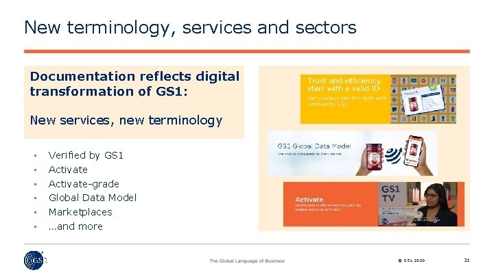 New terminology, services and sectors Documentation reflects digital transformation of GS 1: New services,