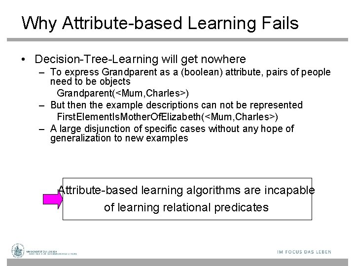 Why Attribute-based Learning Fails • Decision-Tree-Learning will get nowhere – To express Grandparent as
